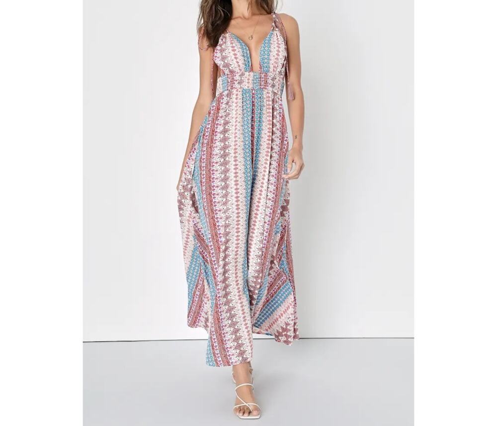 Lulu’s Maxin' Relaxin' Blue Multi Print Sleeveless Tie-Strap Maxi Dress Size Med